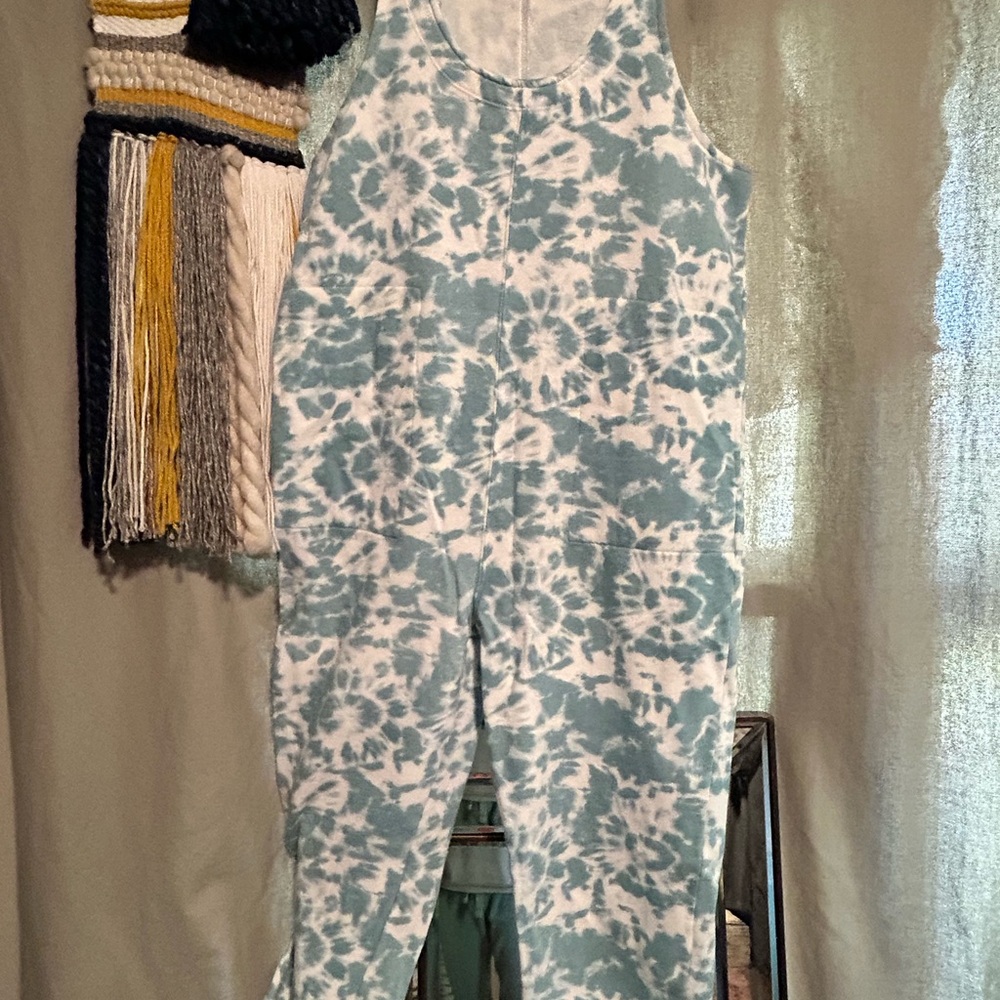 Colsie Teal and White Tie-Dye Jumpsuit
